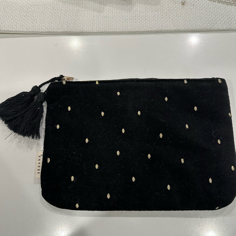 Sezane gold embroidered polka dot flat black pouch toiletry bag